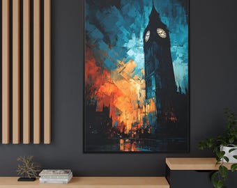 May include: A rectangular wall art print featuring an abstract, painterly depiction of the Big Ben clock tower. The composition uses a high-contrast color palette of deep blues, dark shadows, and vibrant orange and yellow highlights.