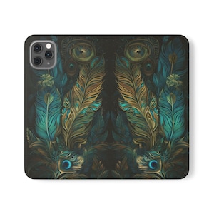 Capa de celular luxuosa de couro vegano com penas de pavão, carteira e suporte