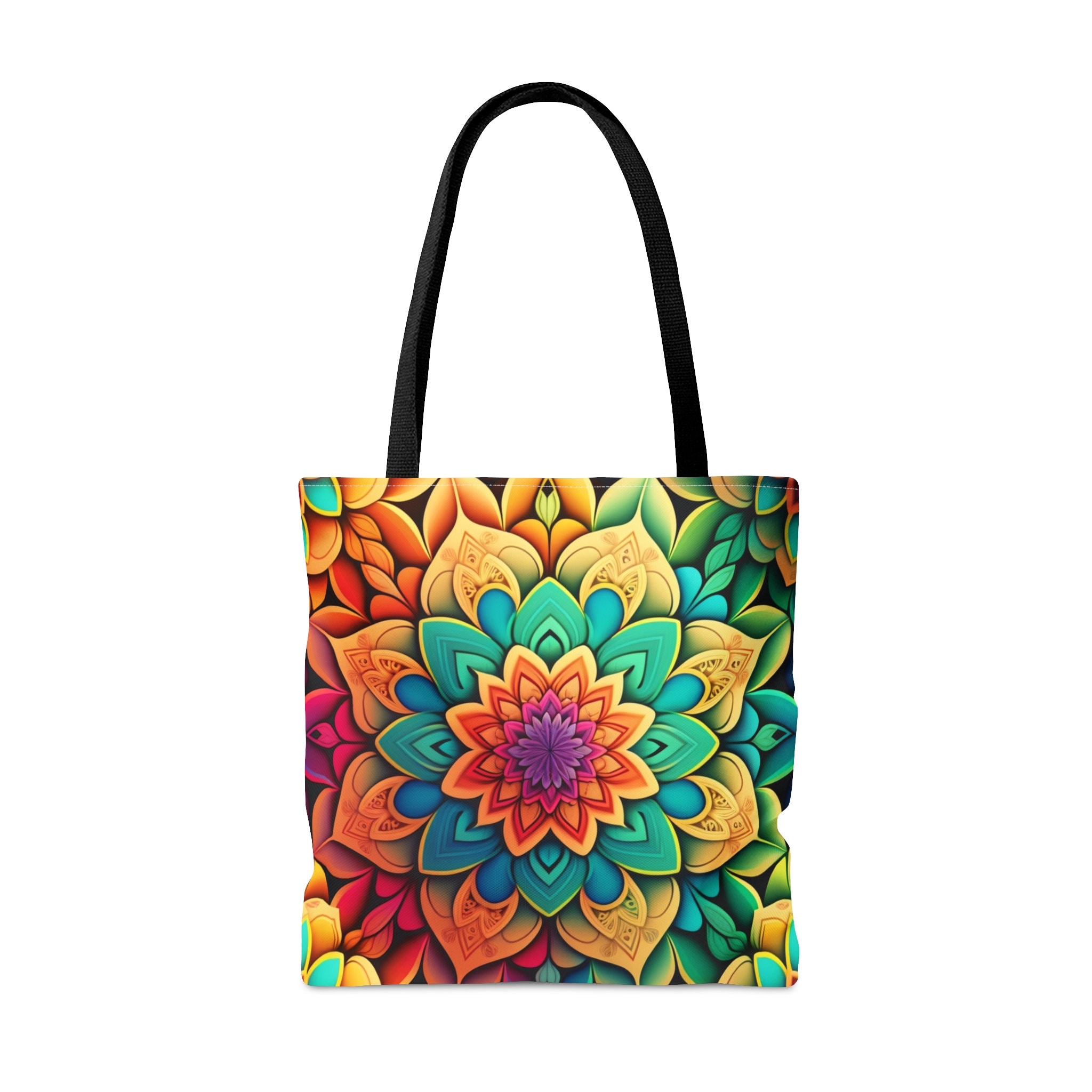 Lifestyle shot of the colorful mandala tote bag