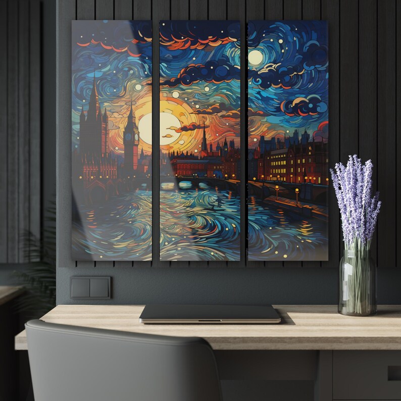 Van Gogh–Style London Triptych Acrylic Wall Art, Big Ben Starry Sky, 3-Panel 36x36 image 4