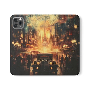 Custodia a libro in pelle vegana retro-futuristica con supporto e slot per carte - Design urbano