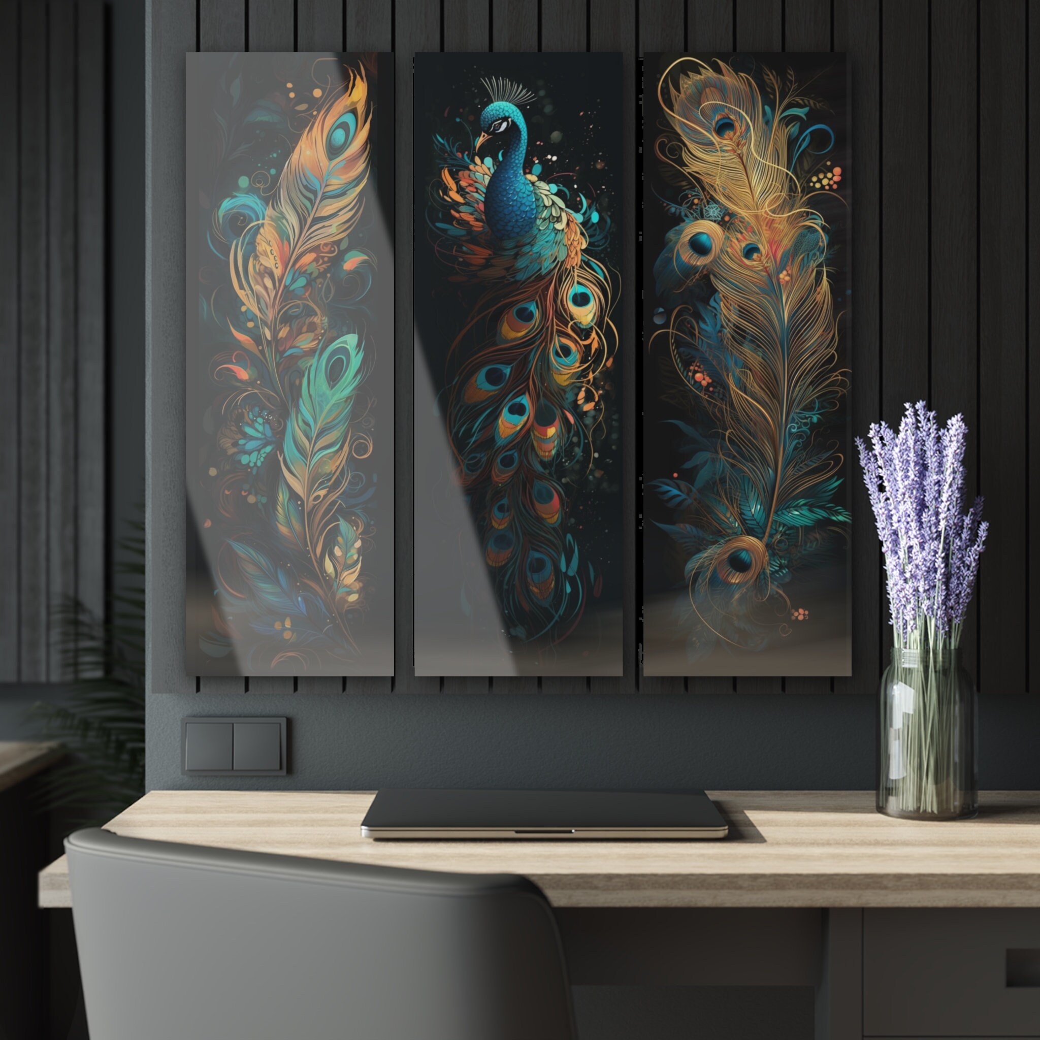 Luxurious Peacock Acrylic Wall Art Triptych – 36x12-inch 32k UHD