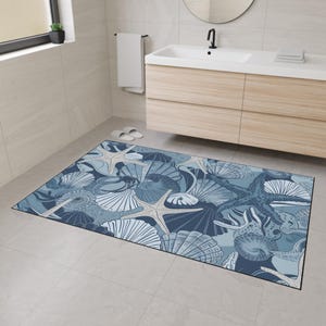 Coastal Bath Mat | Non Slip Ocean Floor Rug | Seashell Bathroom Decor for Beach House