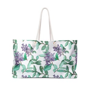 Oversized Floral Weekender Tote: Purple Flowers, Rope Handles