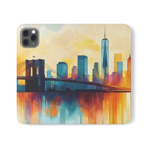 Stylische Klapphandyhülle aus veganem Leder: City Skyline Design mit Kartenhalter & Standfuß