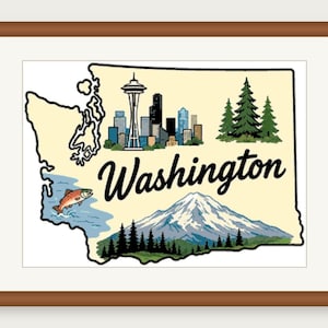 May include: A framed print of the state of Washington featuring a cream-colored map outline with the word Washington in black script. The illustration includes the Seattle skyline, the Space Needle, evergreen trees, a mountain, and a salmon.