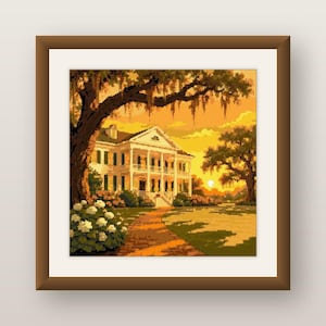 May include: A framed cross-stitch embroidery depicting a white antebellum-style house with columns, surrounded by large oak trees with hanging moss, white flowering bushes, and a winding path under a vibrant orange and yellow sunset sky.