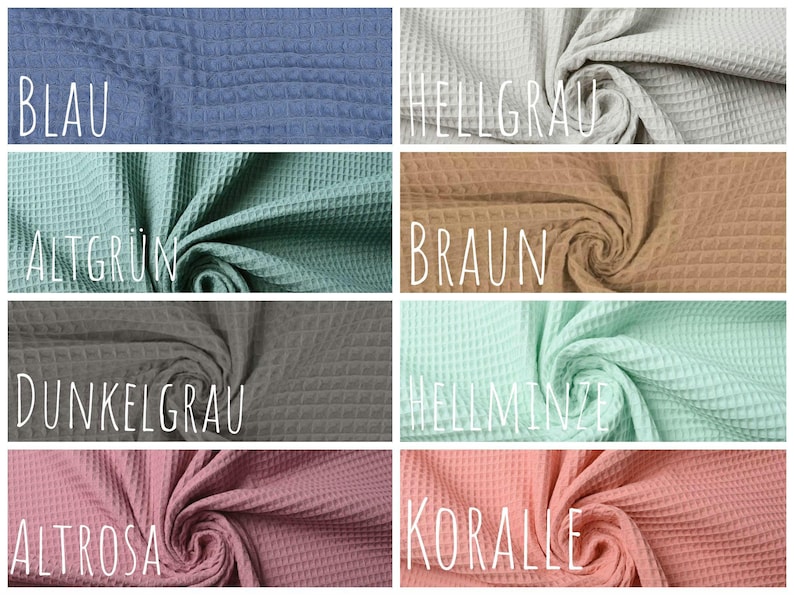 May include: A collection of waffle fabric swatches in various colors, including blue, green, gray, brown, mint, and pink. The fabric is textured and has a waffle-like pattern. The colors are labeled in German.