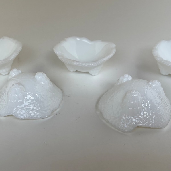 Fostoria Milk Glass Grape Leaf Footed Open Salt Cellar Dishes - set of 5 salt cellars