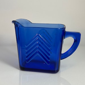 Hazel Atlas Ritz Blue Glass 13oz Milk Pitcher with Chevron Pattern