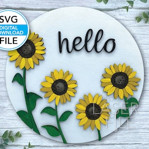 Hello Sunflower Round, Descarga digital, Colgador de puerta redondo SVG, PDF, EPS Archivo de corte láser