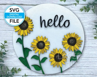 Hello Sunflower Round, Digital download, Round door hanger SVG, PDF, EPS Laser cut file