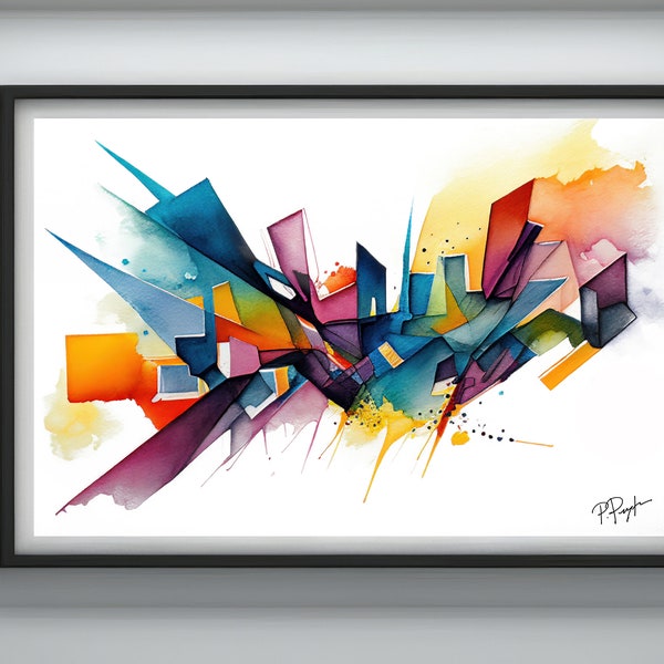 Geometric Dreamscape | Abstract Wall Art | Modern Colorful Watercolor Painting | Printable Download