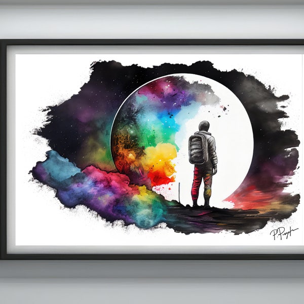 Stellar Solitude | Backpacker Looking at the Moon | Colorful Nursery Art | Printable Download