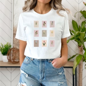 Flower Stamp Shirt, Women&#39;s Flower T-shirt, Cottagcore Shirt, Wildflower Shirt, Unisex Shirt, Gift for Her