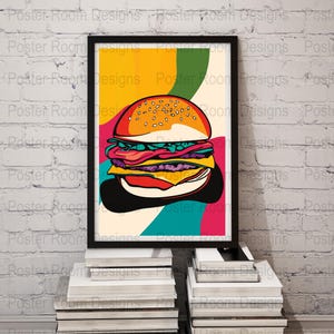 Colorful Burger Print, Digital Download Poster, Retro Burger Art, Pop Art Burger Decor, Cartoon Food Illustration, Kitchen Wall Art