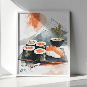 Impresión artística de sushi japonés, póster de comida en acuarela, decoración de pared de cocina, obra de arte de cocina asiática, decoración moderna del hogar, regalo para amantes del sushi