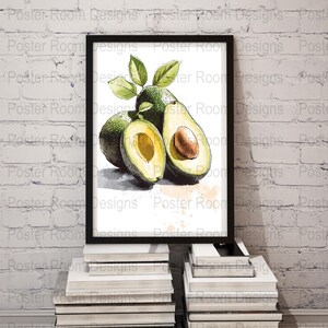 Impresión de arte digital de aguacate, arte de pared de aguacate en acuarela, descarga de decoración de cocina, ilustración de frutas, póster de aguacate imprimible, arte