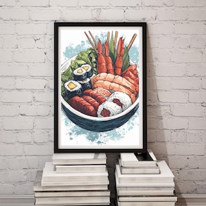 Sushi Art Print, Japanese Cuisine Wall Art, Kitchen Decor, Sushi Illustration, Food Lover Gift, Digital Download, Printable Art