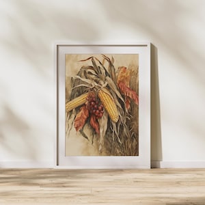 Autumn Harvest Corn and Grape Wall Art, Rustic Farmhouse Digital Print, Fall Decor for Home, Thanksgiving Decoration Printable