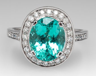 Paraiba tourmaline diamond halo engagement ring- vintage tourmaline wedding rings-anniversary gift ring-925 sterling silver ring-Unique ring