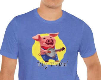 Pig Pickin' - Pig Playing the Banjo - Adult Unisex Short Sleeve T-Shirt - Banjo Shirt, BBQ Shirt, Banjo Gift, Bluegrass Music Festival