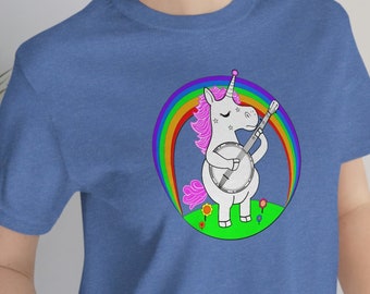 Rainbows and Unicorns (and Banjos!) - Unicorn Playing A Banjo - Short Sleeve Adult/Unisex Banjo Shirt (Youth & Toddler Sizes also available)