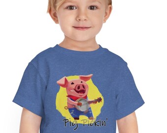 Pig Pickin' - Pig Playing the Banjo - Toddler Short Sleeve T-Shirt - Banjo Shirt, BBQ Shirt, Banjo Gift, Bluegrass Music Festival