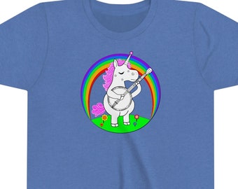 Rainbows and Unicorns (and Banjos!) - Unicorn Playing The Banjo - Short Sleeve Youth Banjo Shirt (Adult & Toddler Sizes also available)