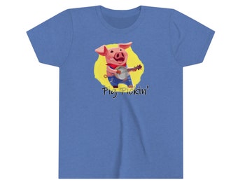 Pig Pickin' - Pig Playing the Banjo - Youth Short Sleeve T-Shirt - Banjo Shirt, BBQ Shirt, Banjo Gift, Bluegrass Music Festival