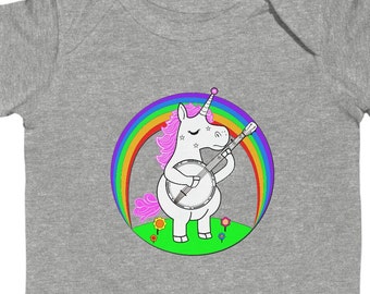 Unicorn and Rainbow Banjo Onesie - Unicorn Playing The Banjo - Infant Banjo Onesie, Baby Banjo Shirt, Cute Music Baby Clothes, Baby Bodysuit