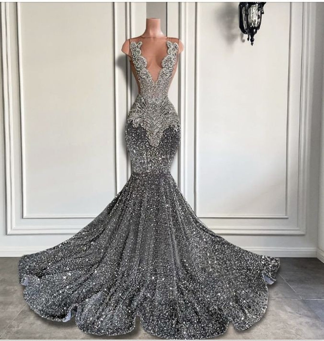 Silver Prom Dress Embellished Silver Mermaid Dressprom - Etsy