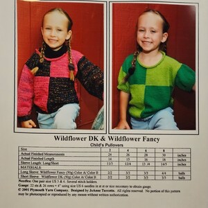 May include: A knitting pattern for a child's pullover sweater using Wildflower DK and Wildflower Fancy yarn. The pattern includes instructions for both long and short sleeves. The pattern is from Plymouth Yarn Company.