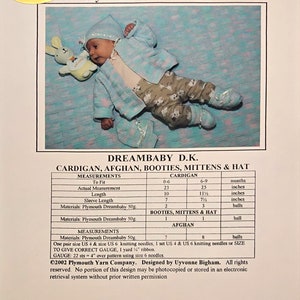 May include: A baby wearing a knitted blue and white striped hat, cardigan, and booties, with matching pants featuring a sheep pattern. The image is a pattern for a Plymouth Yarn baby set, including a cardigan, afghan, booties, mittens, and hat.