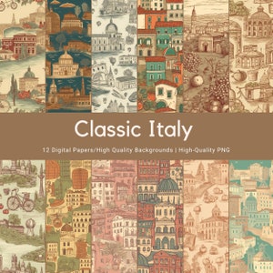 Könnte beinhalten: Zwölf digitale Papierdesigns mit handgezeichneten Illustrationen italienischer Architektur, Landschaften und Speisen. Die Designs sind im Vintage-Stil mit einer braunen, grünen und roten Farbpalette gehalten.