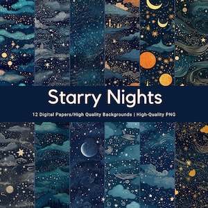 Papiery cyfrowe Starry Night Sky, wzór nocnego nieba | Wydruki cyfrowe do projektów | Unikalny wzór PNG | Cyfrowy wzór Starry Night Sky