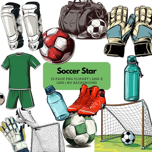 Soccer Clip Art Pack | Soccer Balls, Goalie Gloves, Soccer Net, Shin Guards, Soccer Related Graphics Bundle | Instant Digital Download