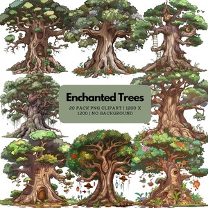 May include: A set of 20 digital illustrations of enchanted trees with various styles and details. The trees are depicted in a cartoon style with vibrant colors and whimsical elements. The illustrations are perfect for adding a touch of magic to your projects.