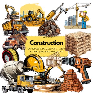 Pacote de clipart de construção | Ferramentas de construção, veículos de construção, canteiro de obras, pacote de gráficos de construção | Download Digital