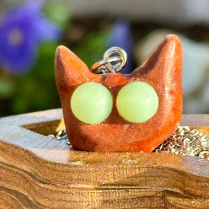 Handcarved Cat Head Necklace | Wood Cat Pendant with Bead Eyes | Handmade Animal Jewelry | Cat Lover Gift | Feline Totem Necklace