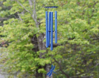 Cathmeowcraft Carillons éoliens bleus libellule de 30 po., tubes en aluminium mélodiques nets, voile et toit en acrylique, cordes en nylon durables, décoration de jardin d'extérieur