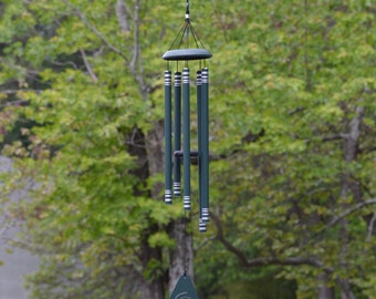 37 inch Green Wind Chime with Elegant Silver Accents Sunlight Reactive Garden Decor Calming Melody for Outdoor Spaces Home