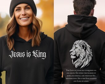 Jesus is King Christian Hoodie, Lion of Judah Hooded Sweatshirt, Women and Mens Christian Apparel