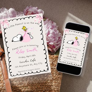 Peanuts Baby Shower Invitation Girl, Snoopy Baby Shower Invite Template, Editable Canva Baby Shower Set, Neutral Pink Blue Baby Shower