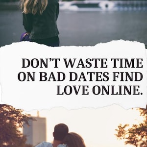 Peut inclure: Image avec texte : "NE PERDEZ PAS DE TEMPS AVEC DE MAUVAISES DATES, TROUVEZ L'AMOUR EN LIGNE." L'image montre une femme regardant un plan d'eau et un couple assis sur un banc. Le logo JaLiRo est en bas.