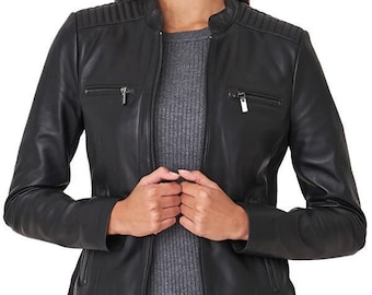 Premium Black Sheep Leather Biker Jacket | Women's Moto Style