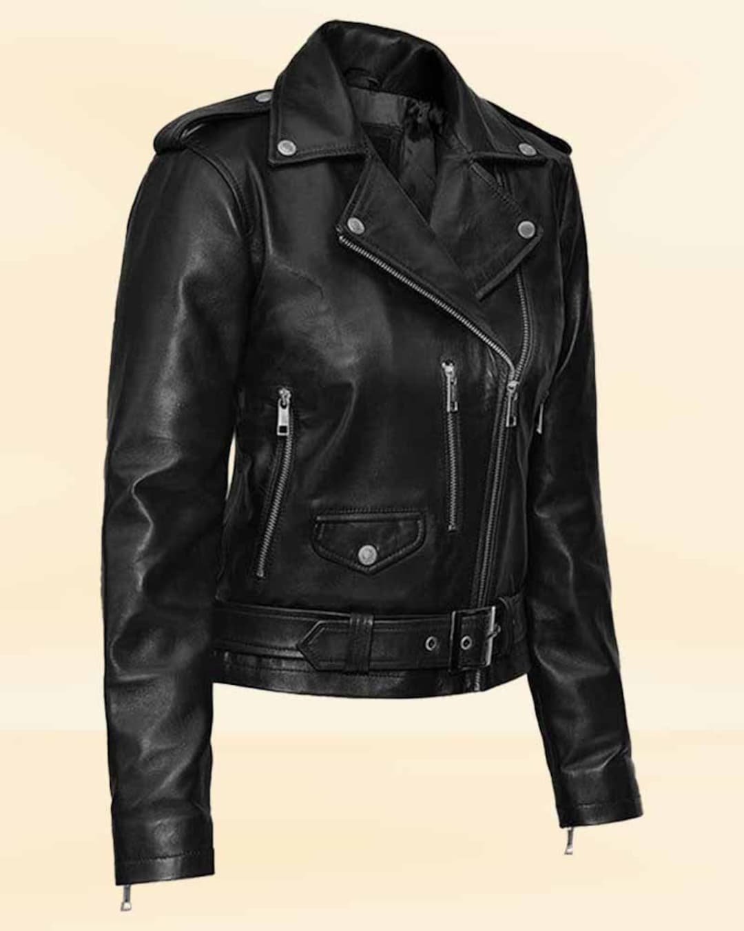 Women Stylish Black Biker Real Leather Jacket Etsy