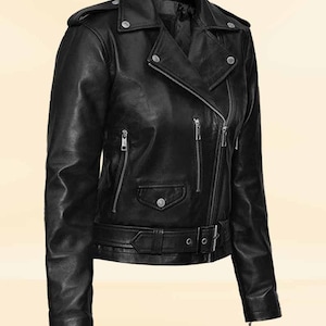 Women Stylish Black Biker Real Leather Jacket