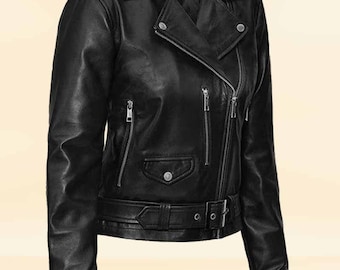 Women Stylish Black Biker Real Leather Jacket