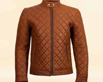 Decant Slim Fit Quilted Biker Leather Jacket / Tan Brown Real Leather Jacket Hombre